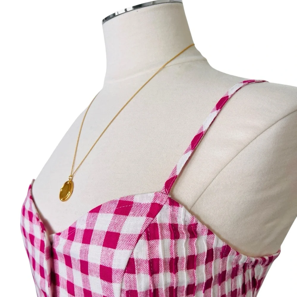 ZARA Pink Gingham Romper/ Mini Dress Sz M Linen Blend Playsuit Sweetheart  White